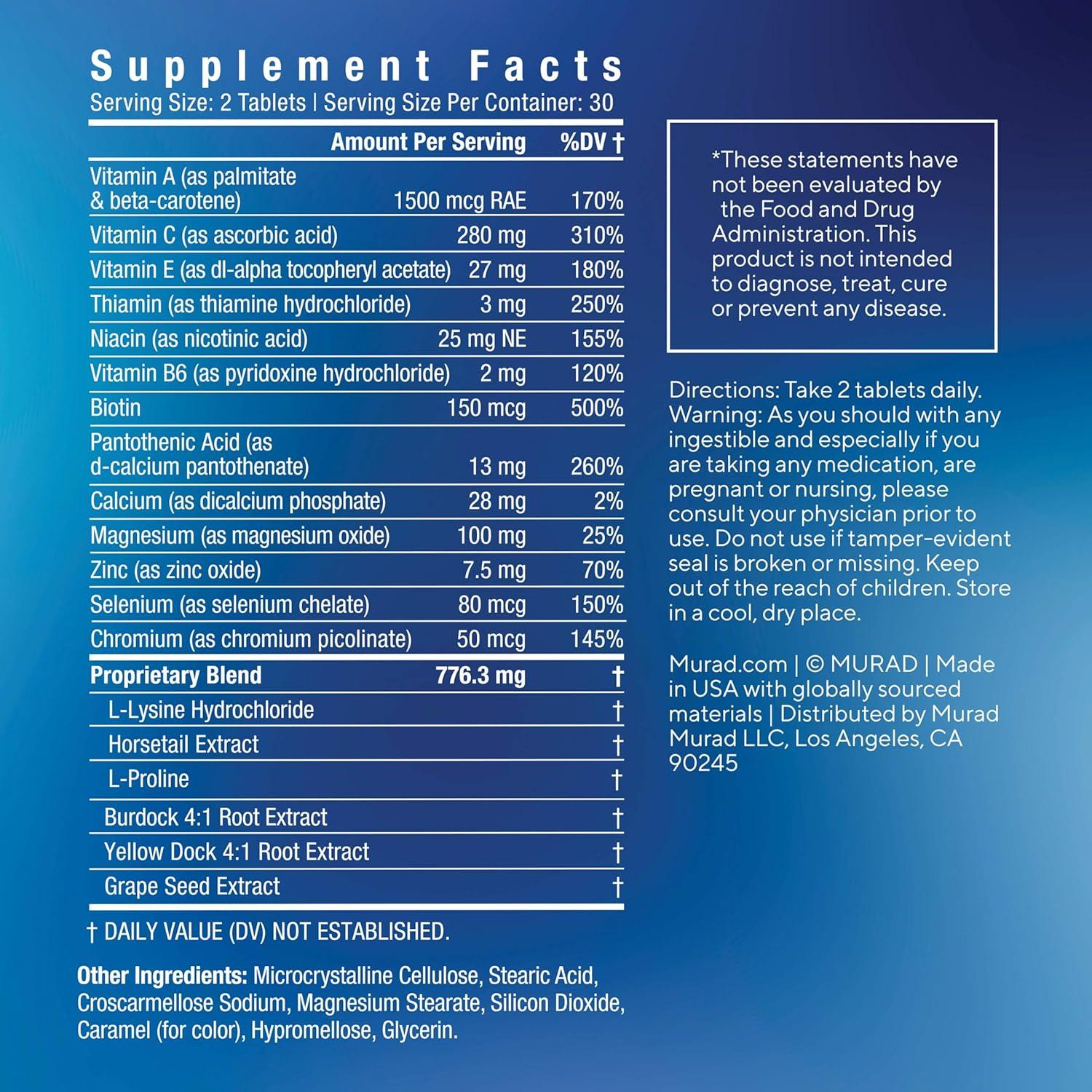 imageMurad Pure Skin Acne Supplements 60 Tablets Clear Skin Support with Blend of Vitamin A ampamp B6 Zinc Amino Acids ampamp Burdock Root Promotes Healthy Skin Oil Balance Gut Health ampamp Stress Relief60 Count Pack of 1